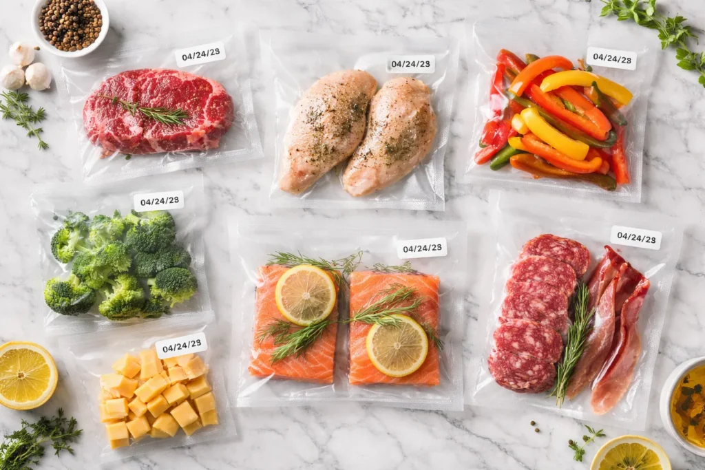 Alimenti conservati sottovuoto — carne, verdure, formaggio, pesce