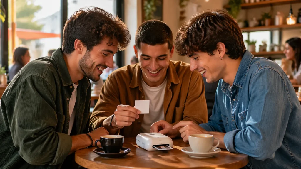 Amici che stampano foto dal cellulare con stampante portatile — uso quotidiano