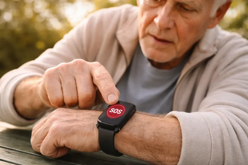 Un anziano che utilizza il tasto SOS di uno smartwatch.