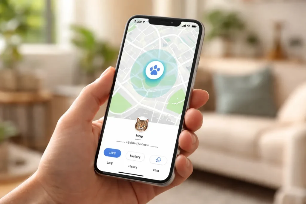 App tracking GPS gatto su smartphone &mdash; posizione in tempo reale