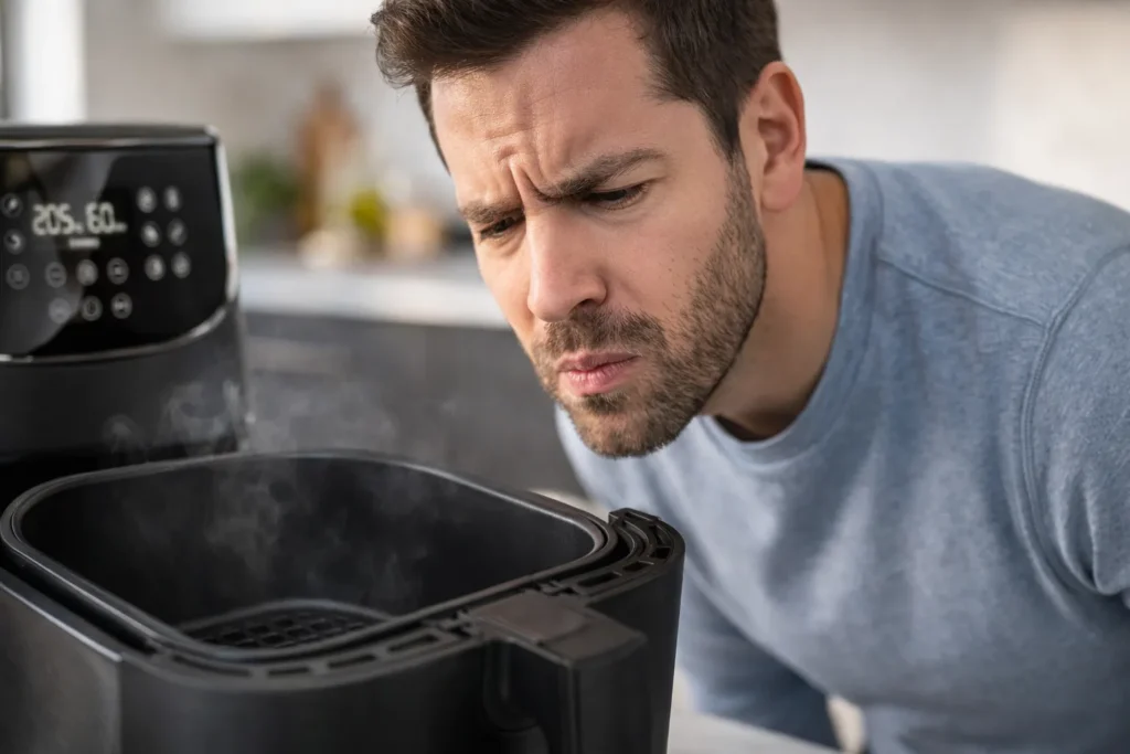 Persona che sente odore di plastica dalla friggitrice ad aria
