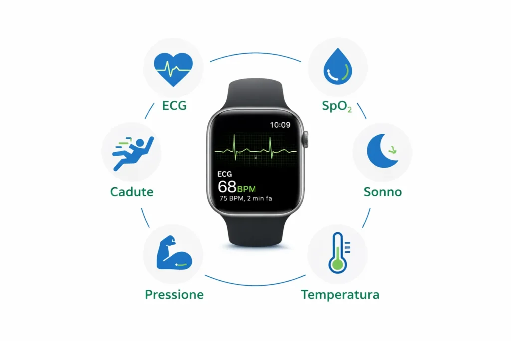 Funzioni salute smartwatch: ECG, SpO2, sonno, temperatura, pressione, cadute