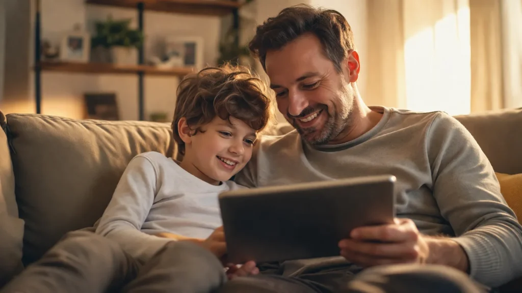 Genitore e bambino usano il tablet insieme &mdash; tempo schermo condiviso
