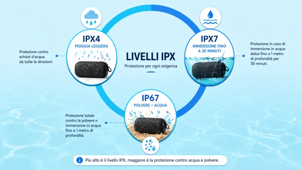 Impermeabilità IPX4 vs IPX7 vs IP67 — codici casse bluetooth spiegati