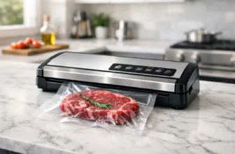 Macchina sottovuoto per alimenti con sacchetto sigillato su piano cucina