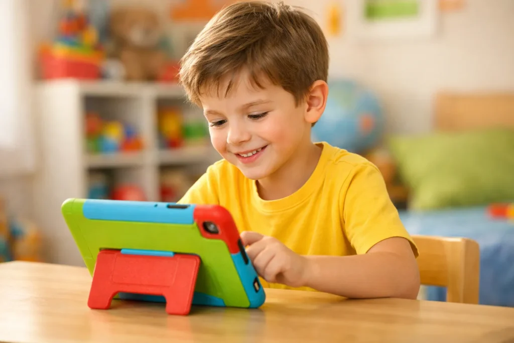 Bambino che usa tablet con custodia antiurto &mdash; tablet per bambini