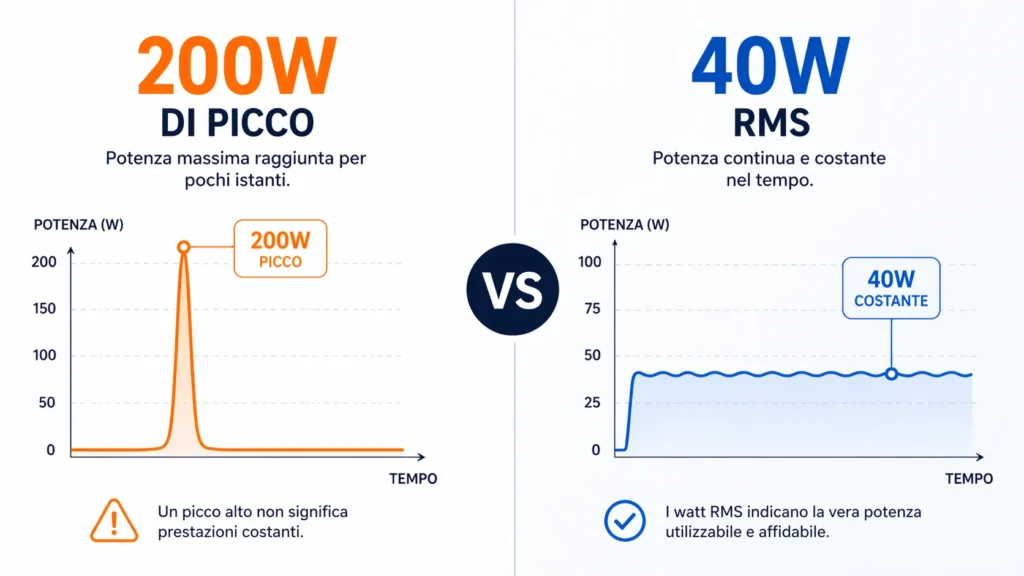 Watt RMS vs watt di picco — differenza reale potenza cassa bluetooth