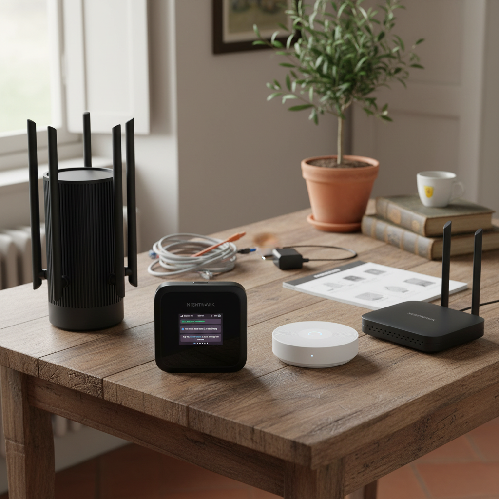 Quale router WiFi comprare nel 2026: la guida per non sbagliare scelta 4 NETGEAR Nighthawk M3 router 5G portatile — internet anche dove non arriva il fisso — illustrazione editoriale
