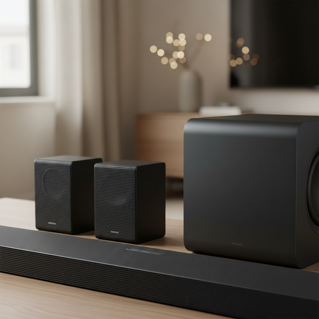 Samsung Soundbar HW-QS750F Serie QS &mdash; sub separato, niente pi&ugrave; bassi deboli dal TV &mdash; illustrazione editoriale