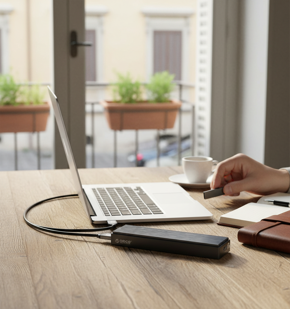 SSD esterno per il portatile: cosa comprare senza sbagliare 2 ORICO Case SSD M.2 NVMe Adattatore USB C USB 3.1 Gen2 10Gbps SSD Esterno per Custodia Disc — illustrazione editoriale