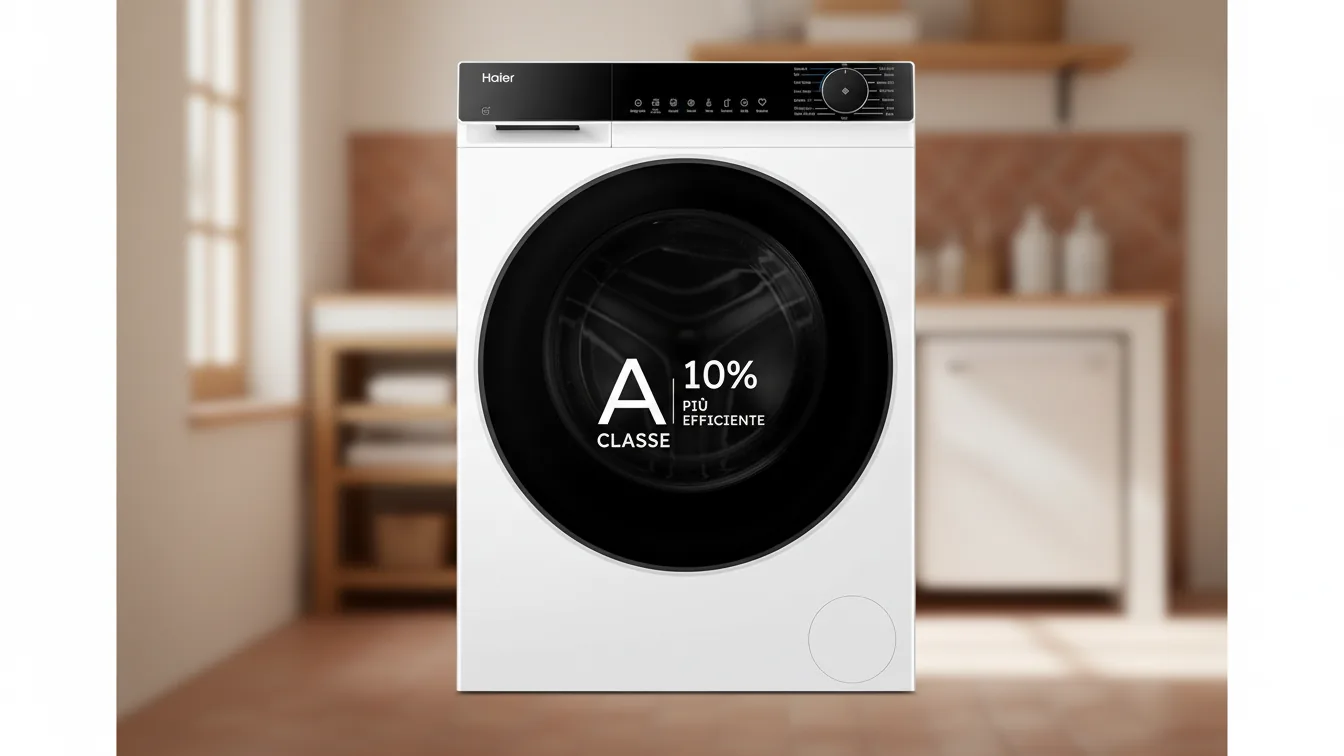 Haier X Serie 5 lavatrice slim 8kg — regola lavaggio e consumi da sola — illustrazione editoriale