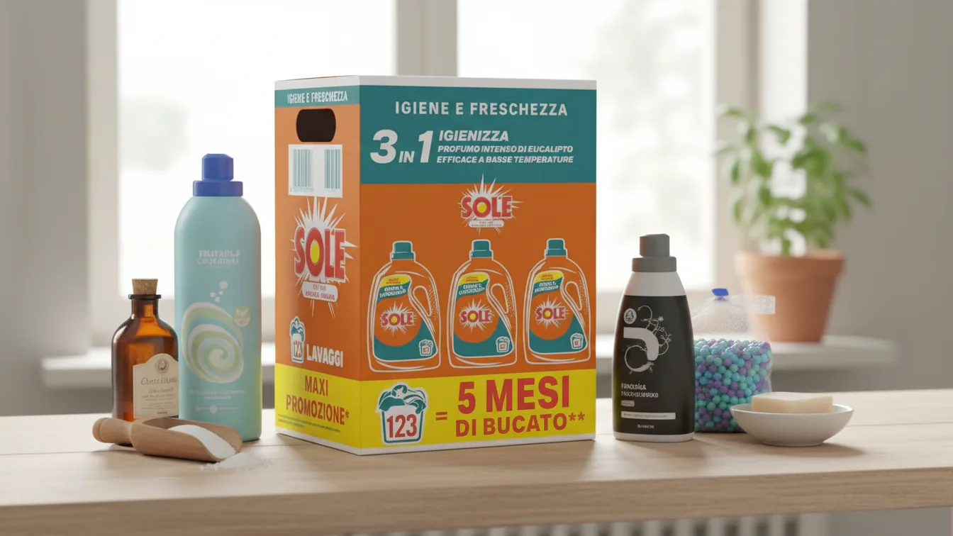 Sole detersivo lavatrice, 3 flaconi da 123 lavaggi totali — scorta senza pensieri per mesi — illustrazione editoriale
