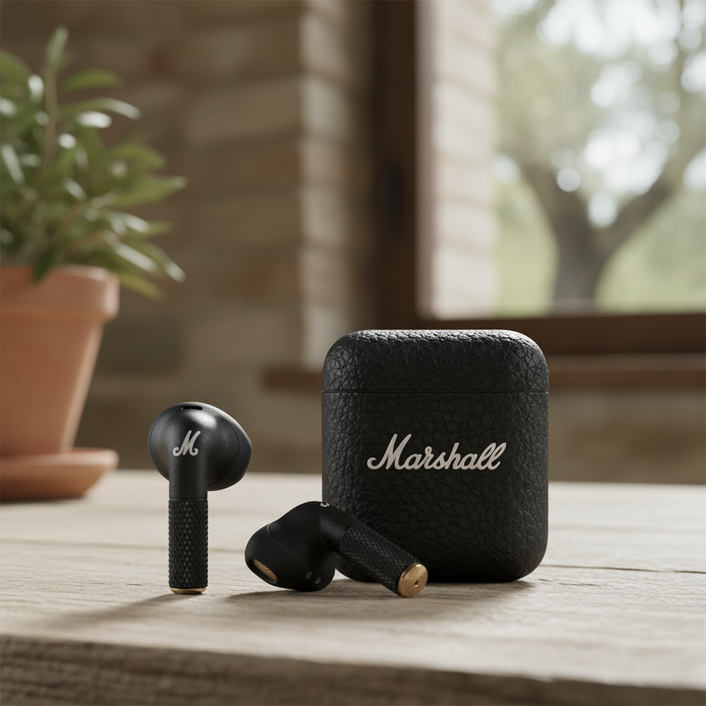 MARSHALL MINOR IV TWS AURICOLARI WIRELESS, Black &mdash; illustrazione editoriale