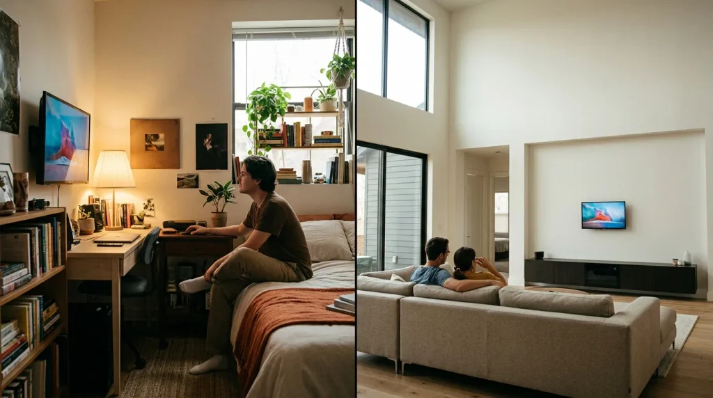 Smart TV: quanto spendere davvero secondo diagonale e uso reale 1 Una fotografia in formato 16:9 divisa verticalmente a metà che mette a contrasto l'uso di un televisore da 32 pollici in due contesti diversi.