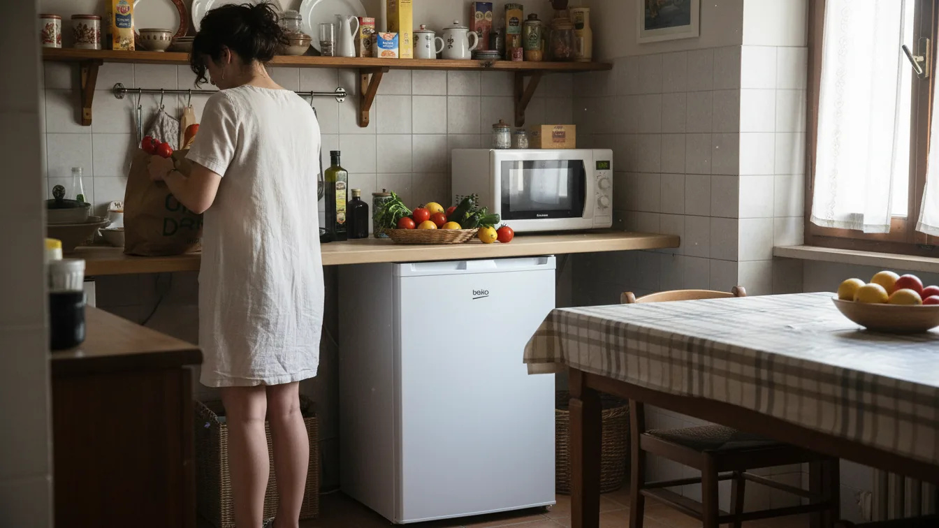 Beko TSE1424N &mdash; Frigorifero da tavolo 128 l con ripiani in vetro temperato &mdash; illustrazione editoriale
