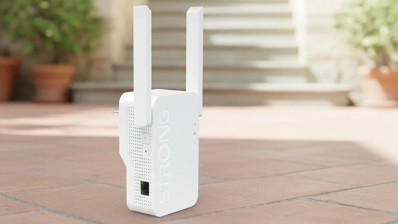 Ripetitore WiFi: quale prendere secondo quanto devi coprire 2 STRONG Ripetitore WiFi 6 AX3000, Amplificatore WiFi Dual Band — illustrazione editoriale